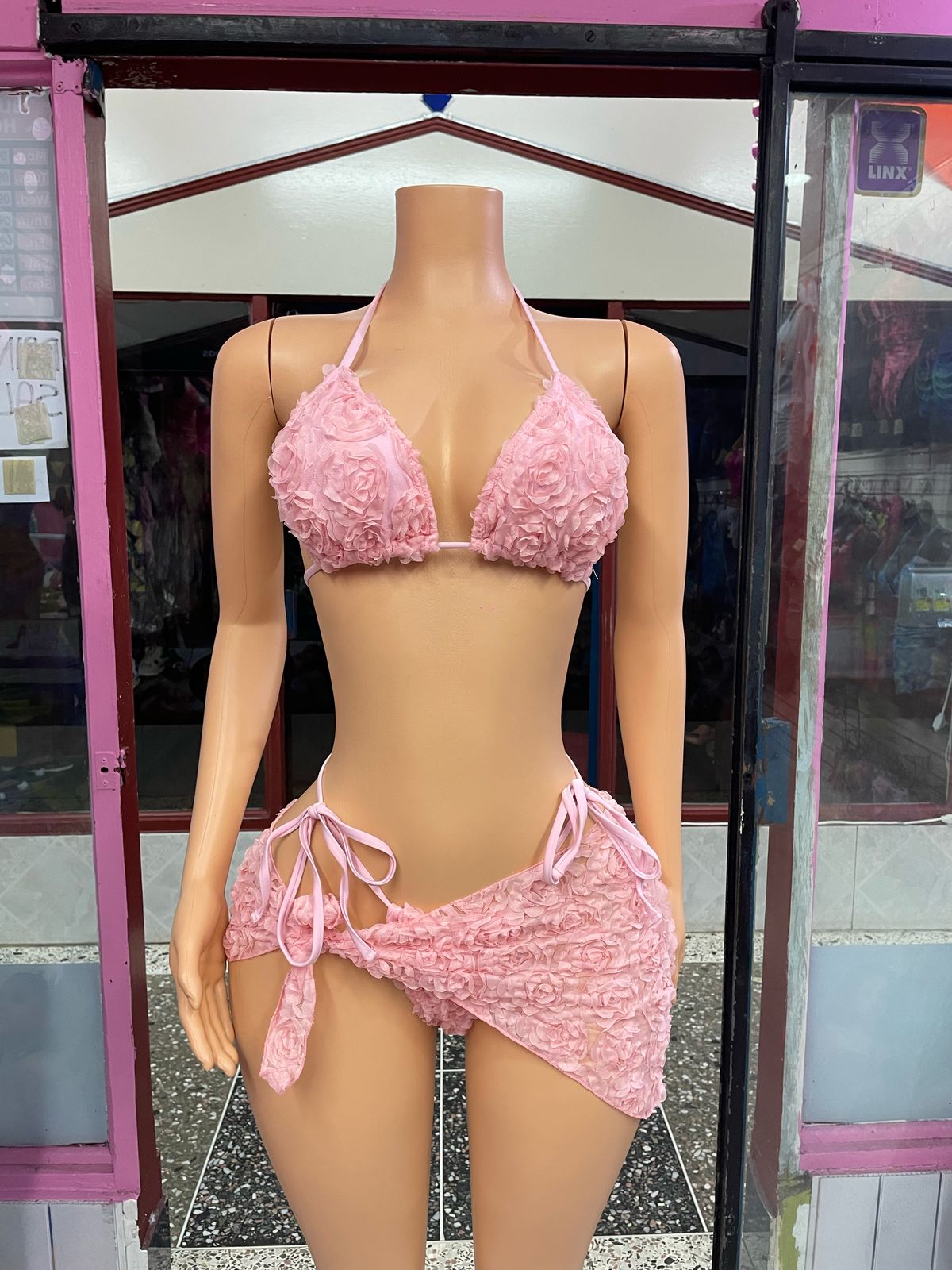 Pink 3D Flower 3 Piece Swimwear