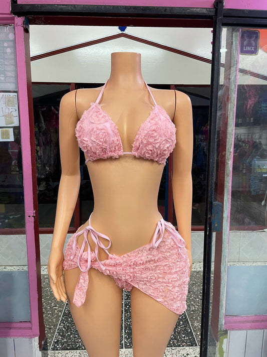 Pink 3D Flower 3 Piece Swimwear