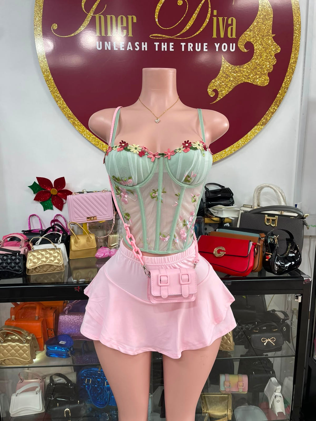Green Floral Corset Top