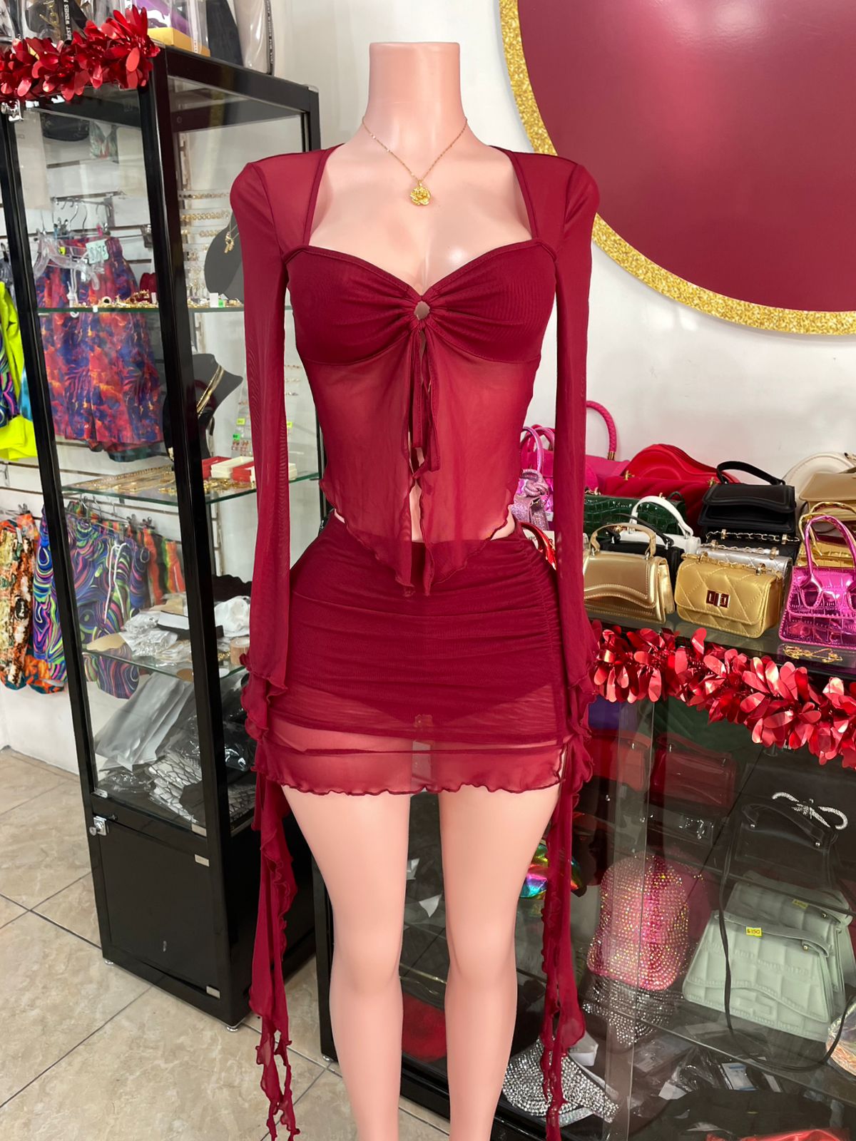 Burgundy Mesh Skirt Set