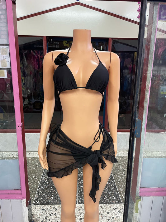 Black Flower 3 Piece Swimwear