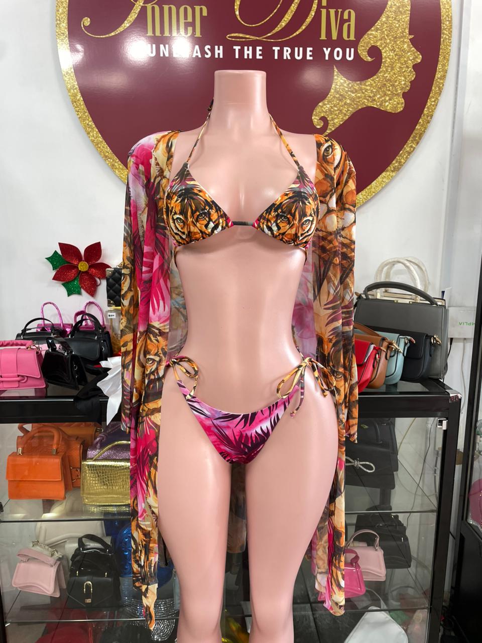 Brown 3pc Swimsuit with Throwover