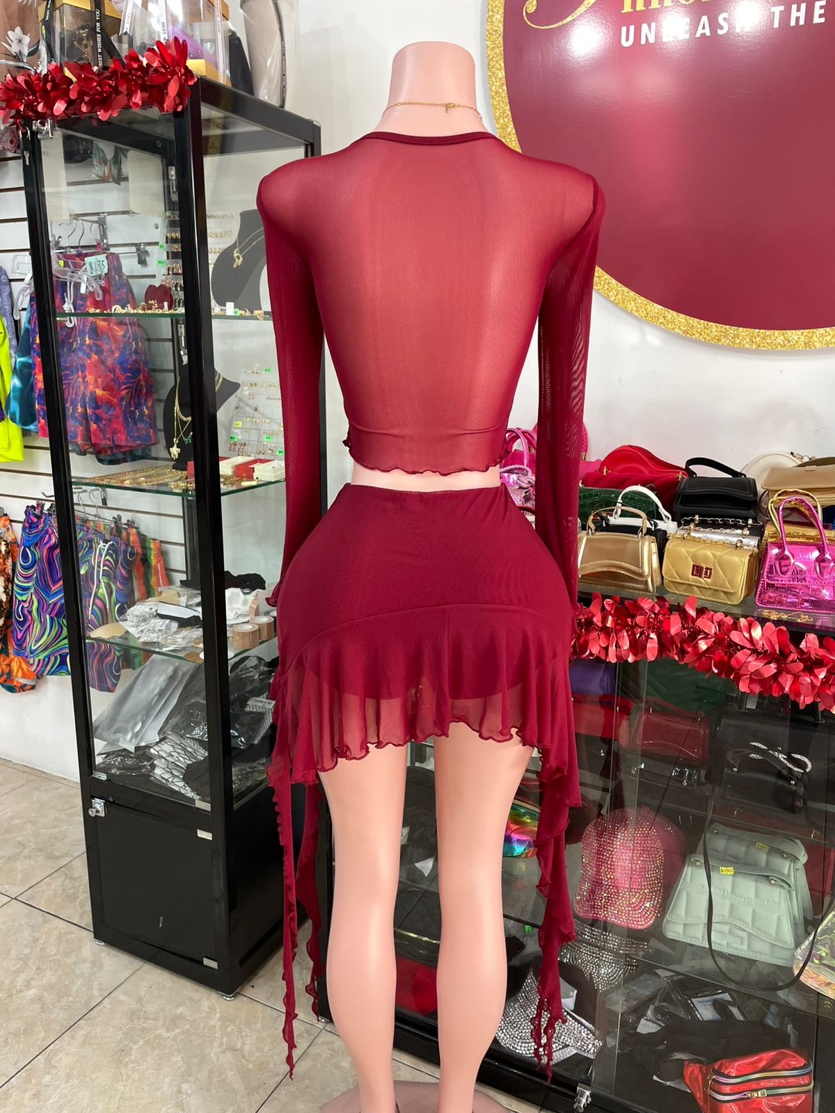 Burgundy Mesh Skirt Set