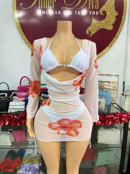 White Hibiscus 3 Piece Swimwear