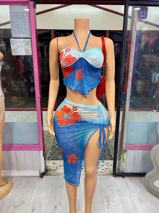Blue Mesh Skirt Set