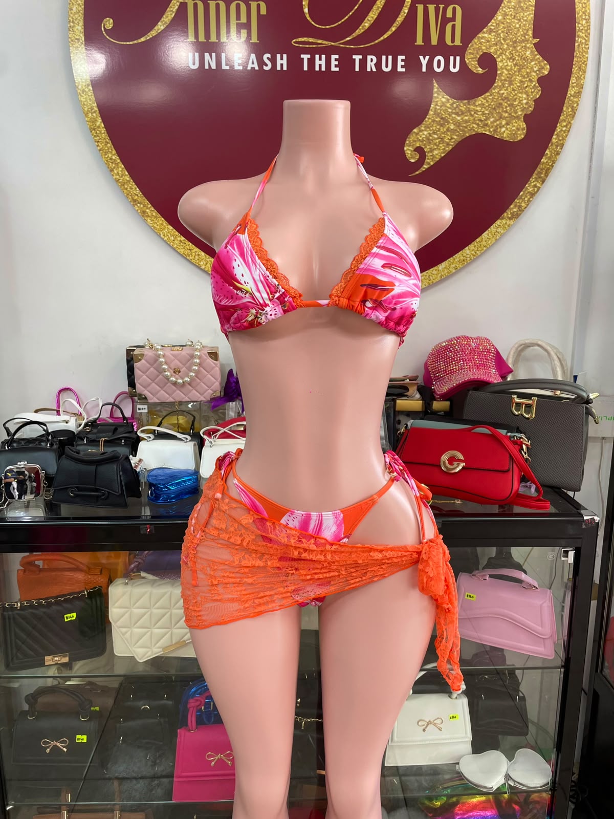 Orange Lace 3pc Swimsuit
