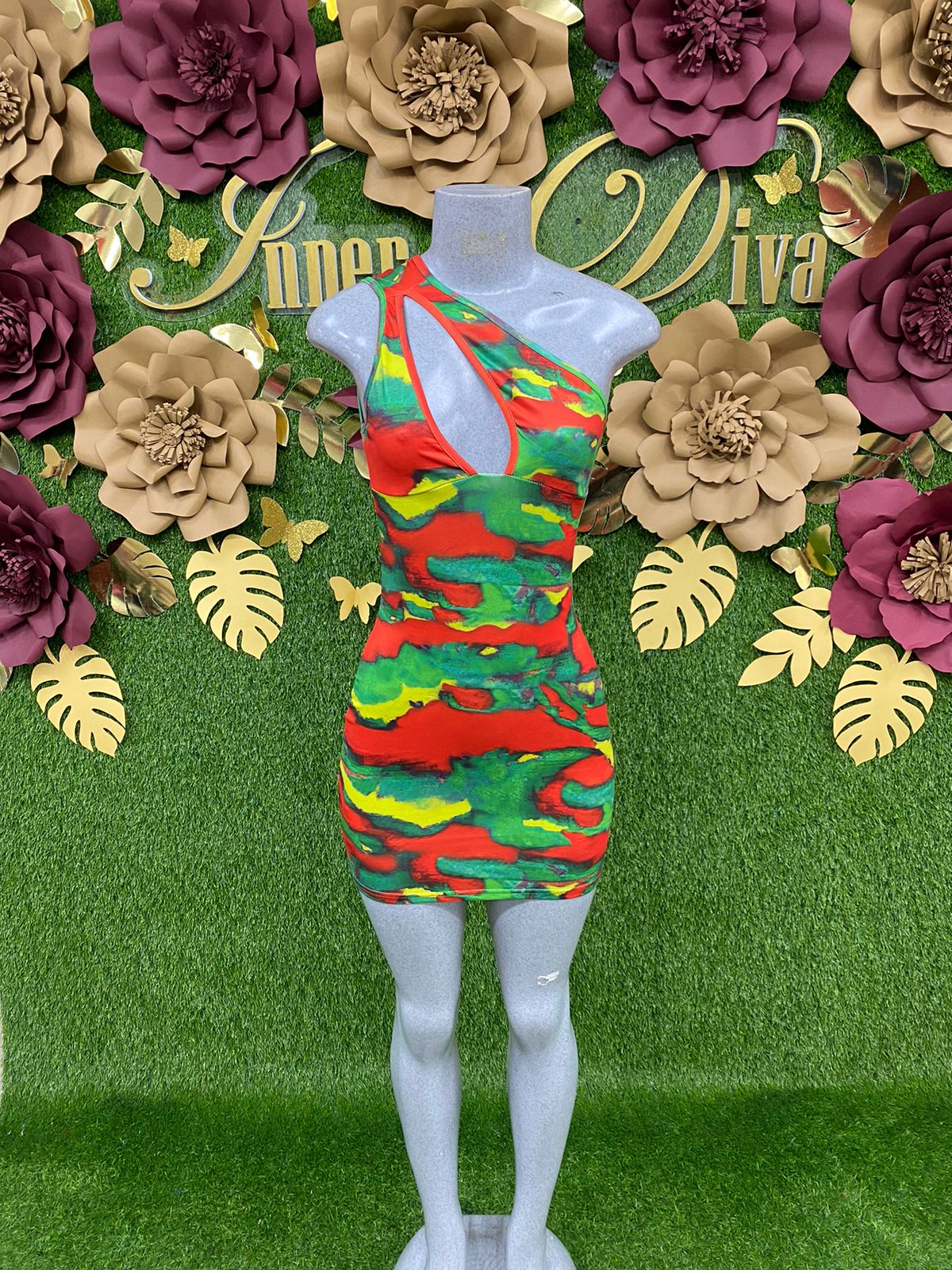 Green and red one shoulder dress
