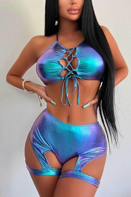 Holographic 2 piece with garter