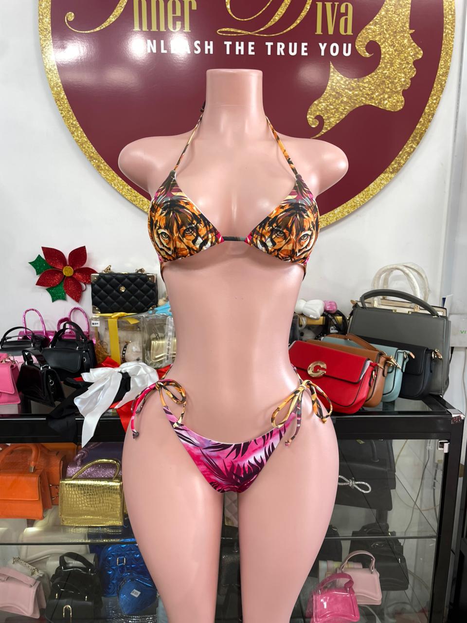 Brown 3pc Swimsuit with Throwover