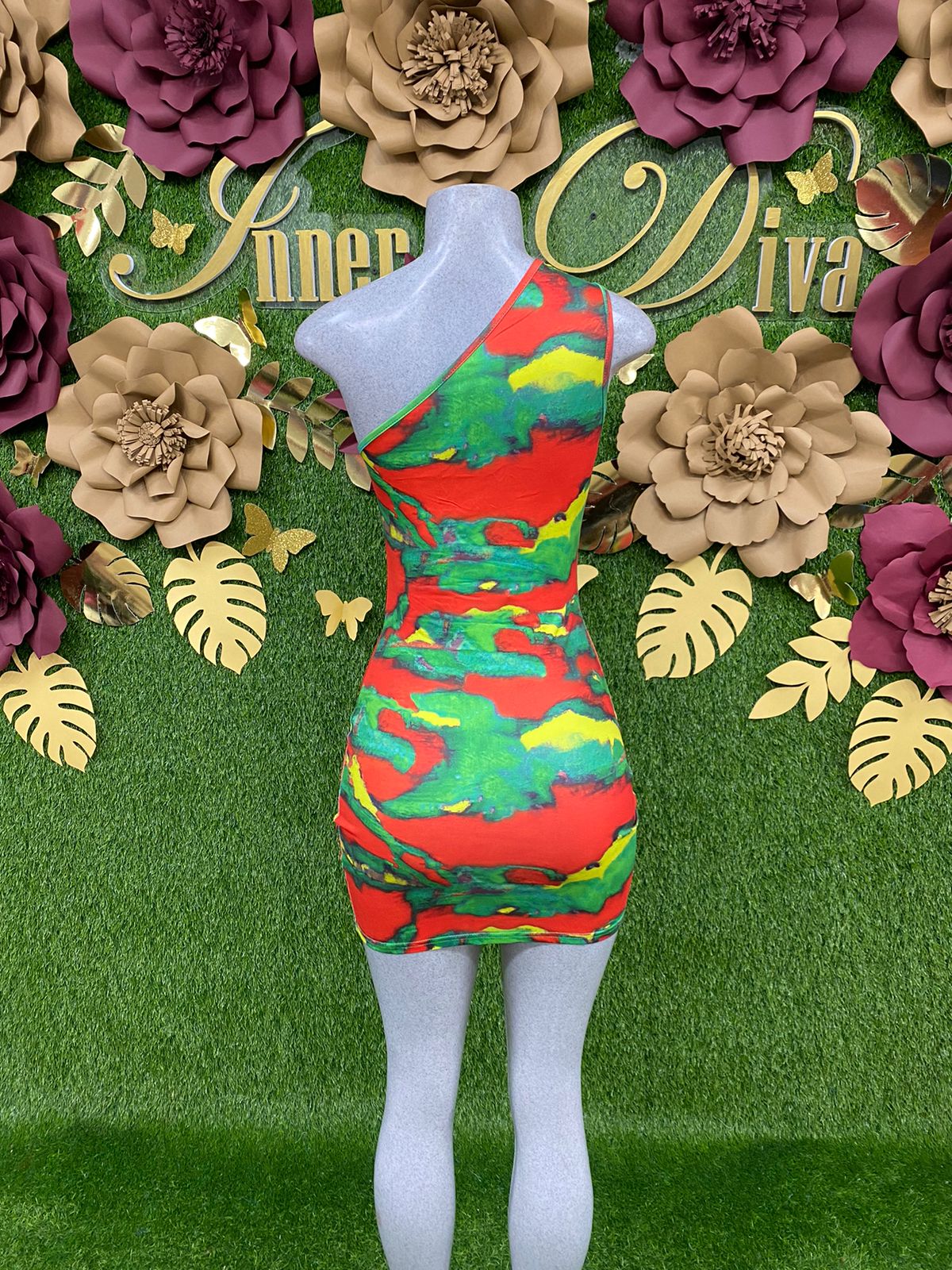 Green and red one shoulder dress
