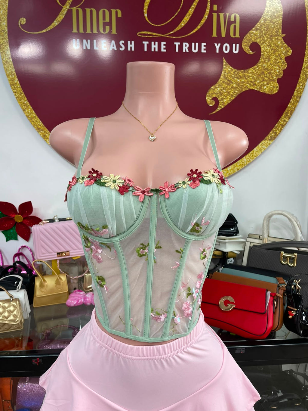 Green Floral Corset Top
