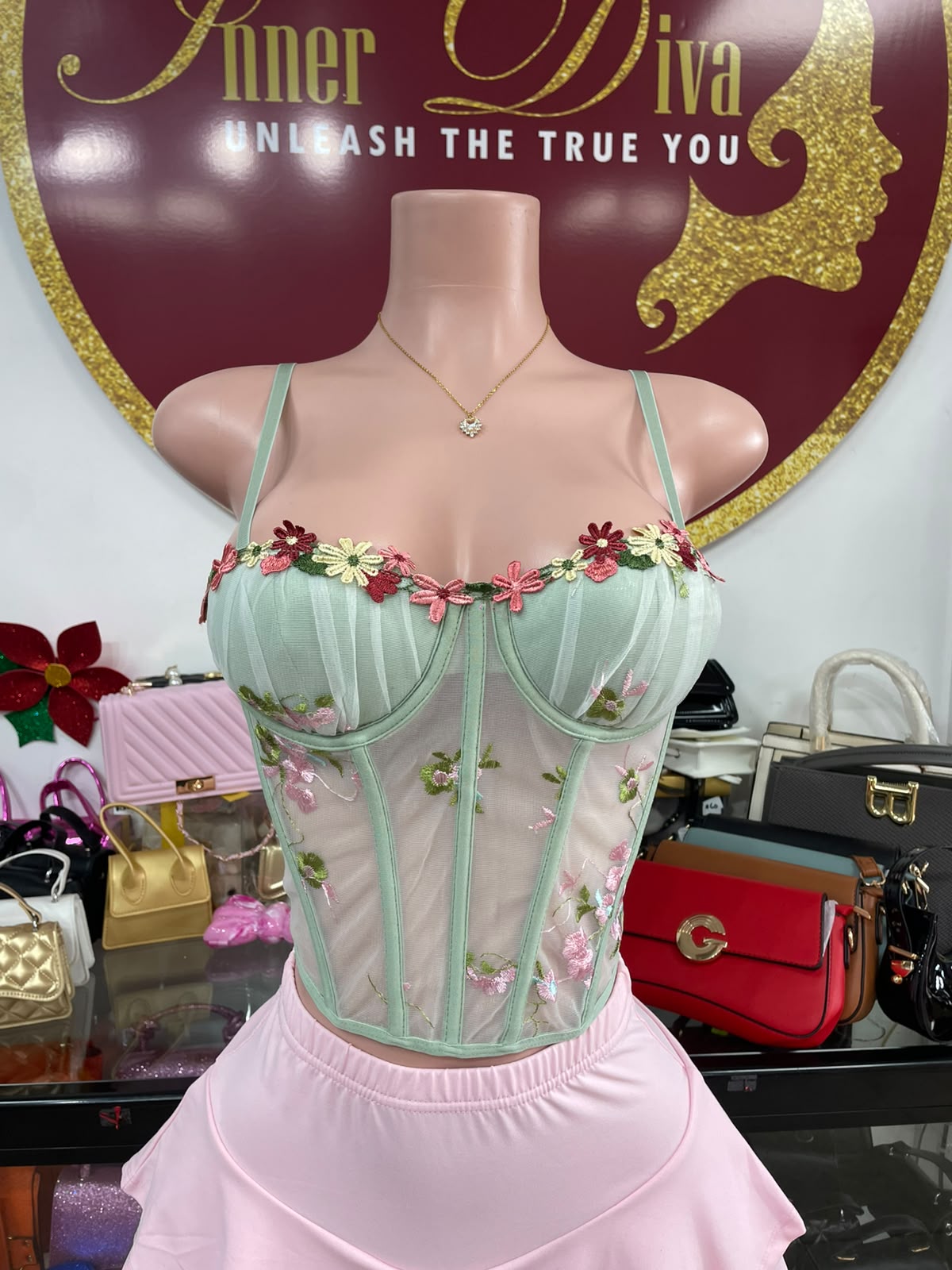 Green Floral Corset Top