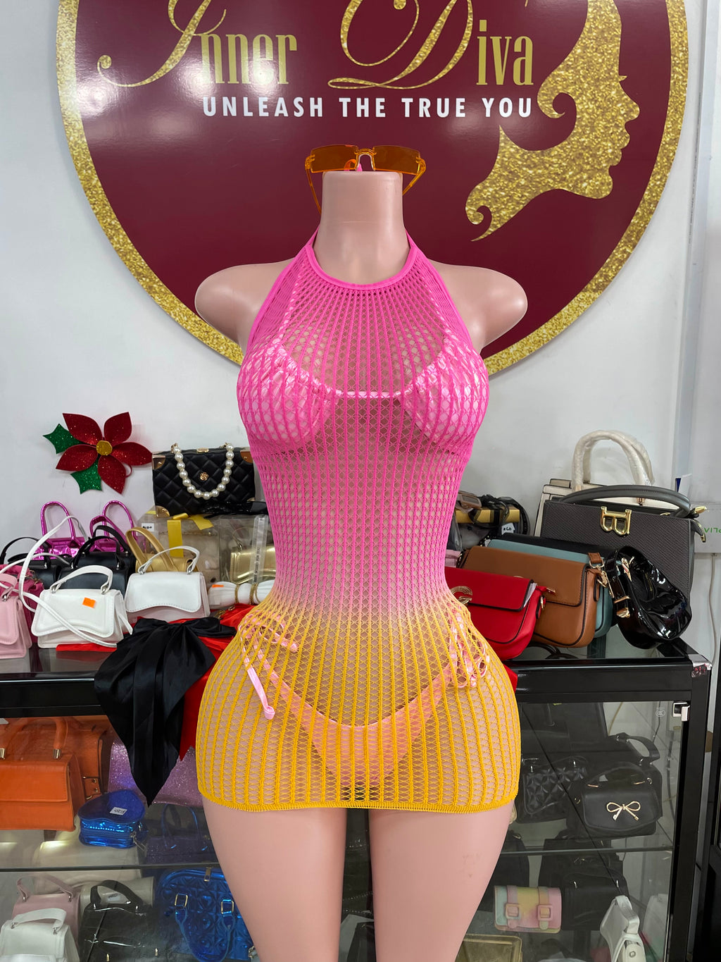 Ombré Halter Fishnet Dress