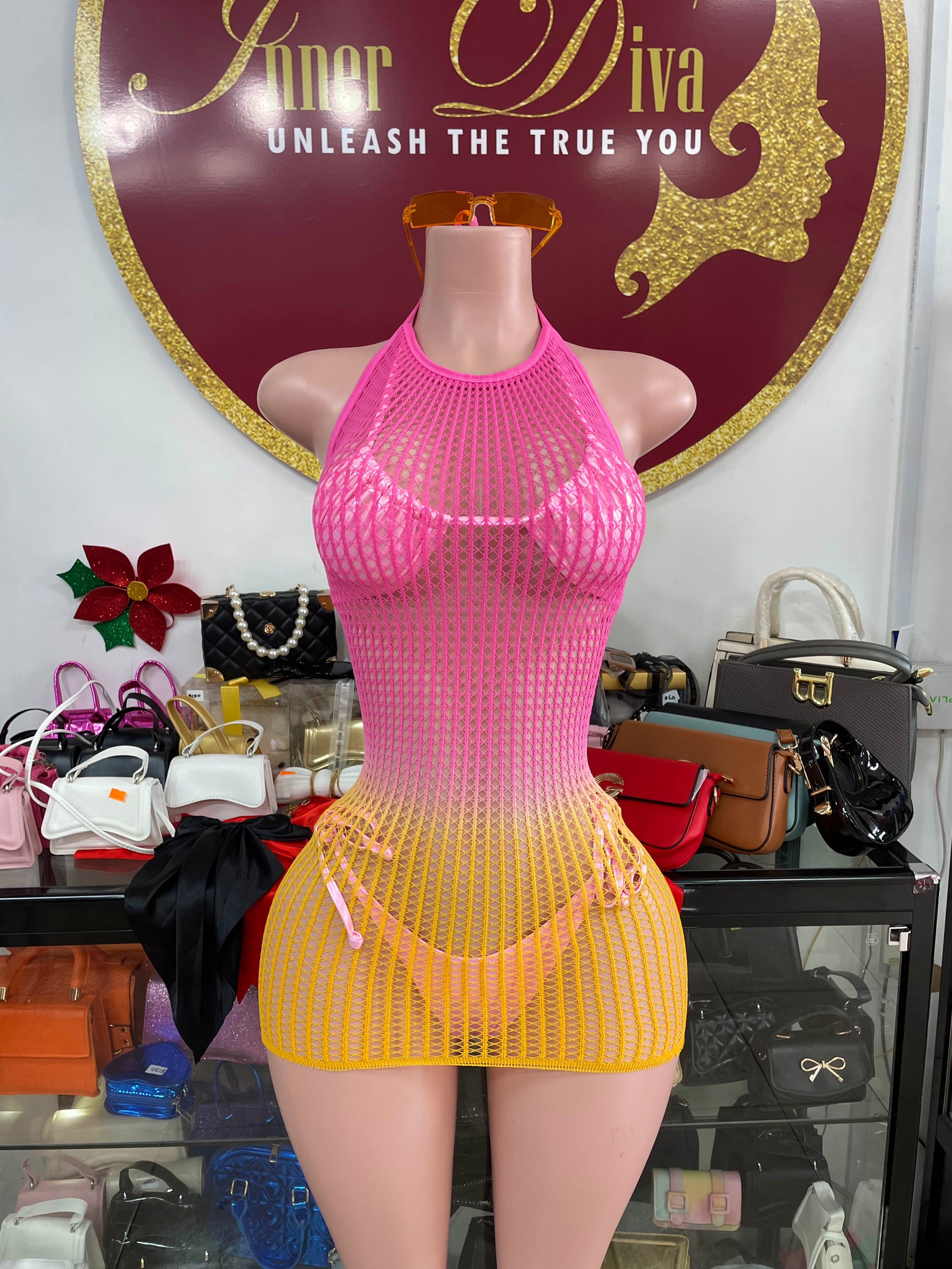 Ombré Halter Fishnet Dress
