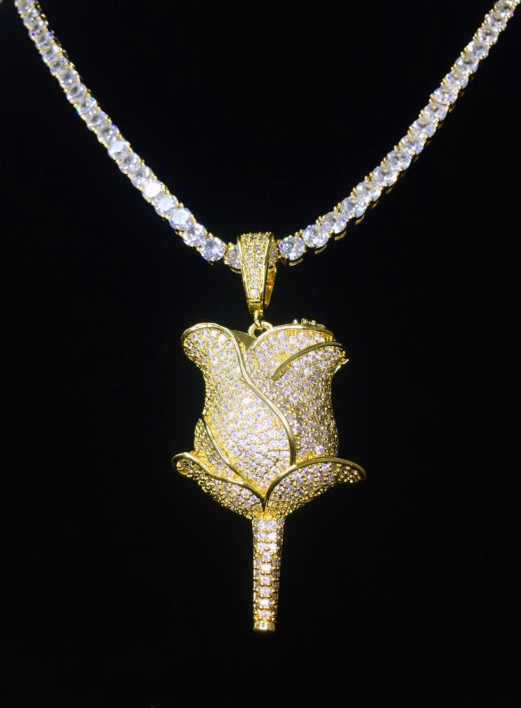 Icy Tennis Chain and Rose Pendant