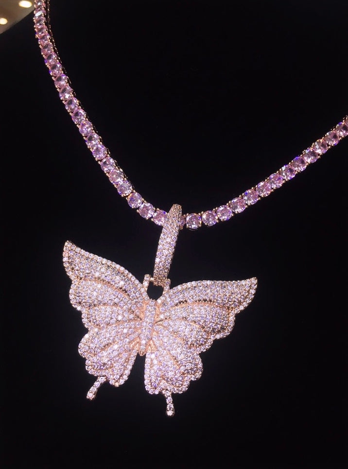 Icy Pink Tennis Chain with Butterfly Pendant